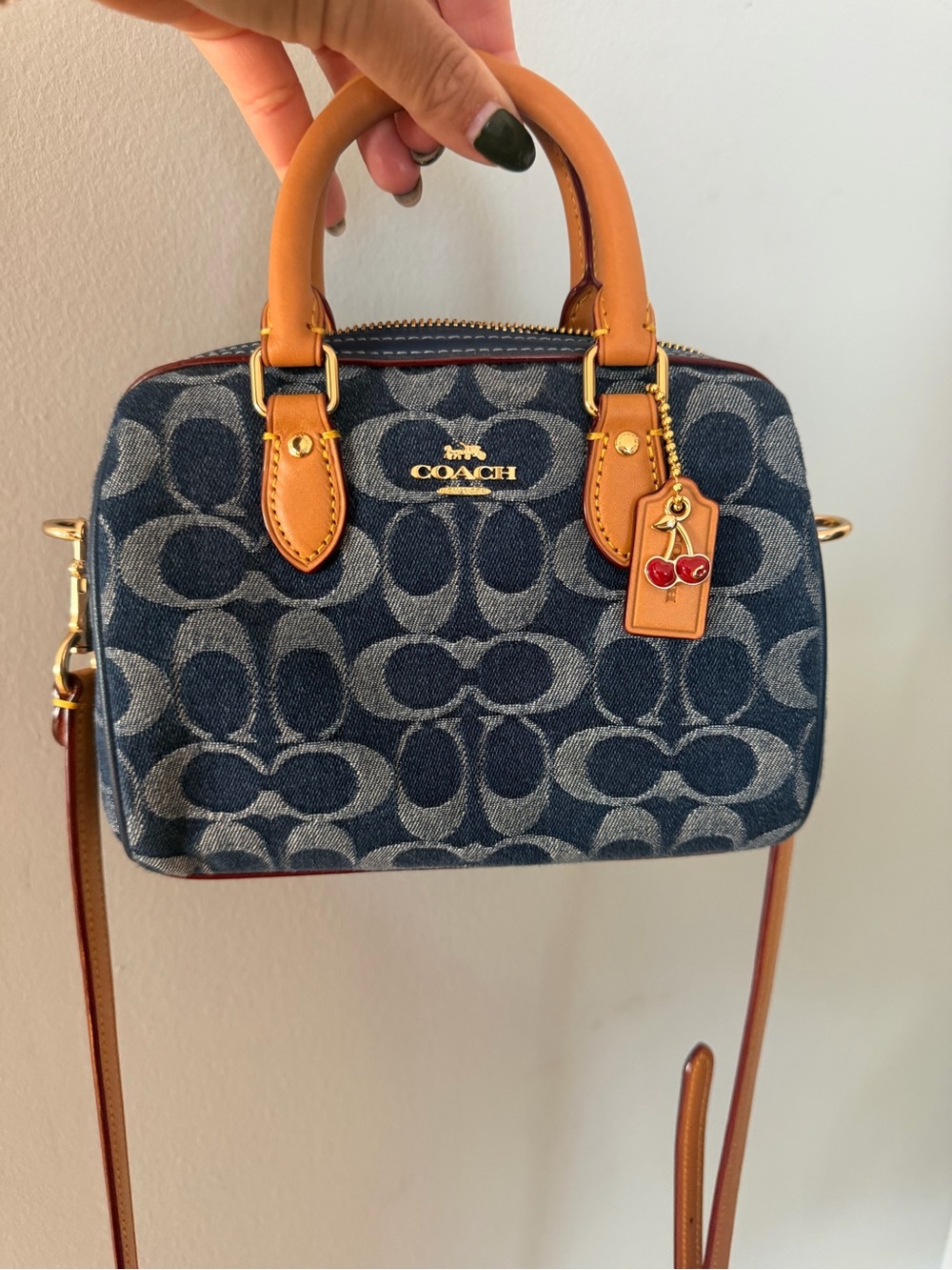 Coach Denim Signature Mini Rowan satchel with Tan Trim and Red Cherry Charm